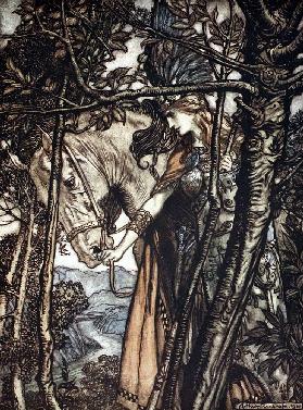 Brünnhilde führt ihr Ross am Zaume. Illustration für "The Rhinegold and The Valkyrie" von Richard Wa