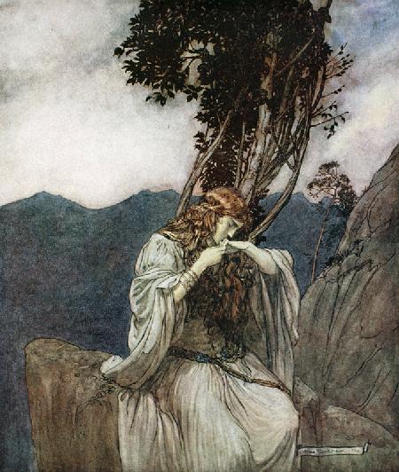 Brünnhilde küsst den kostbaren Ring, den Siegfried ihr zum Abschied überlassen hat. Illustration für