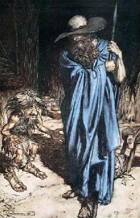 Mime und der Wanderer. Illustration für "Siegfried and The Twilight of the Gods" von Richard Wagner