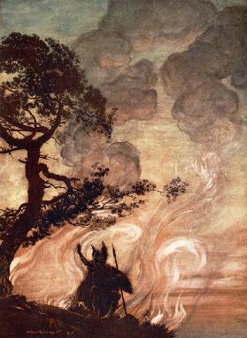 Wotan blickt schmerzlich auf Brünnhilde zurück. Illustration für "The Rhinegold and The Valkyrie"