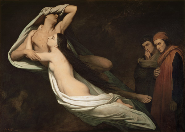 The figures of Francesca da Rimini and Paolo da Verrucchio appear to Dante and Virgil, illustration von Ary Scheffer