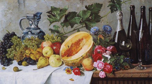 Früchtestillleben mit Trauben, Birnen, Äpfeln und Melone, sowie Weinflaschen