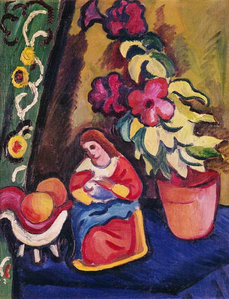Stillleben mit Madonna, Petunie und Äpfeln von August Macke