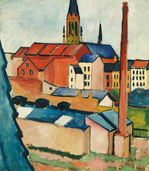 Marienkirche in Bonn mit Häusern und Schornstein (Blick aus dem Atelier) von August Macke