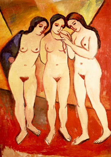 Three Naked Girls (red and orange) von August Macke