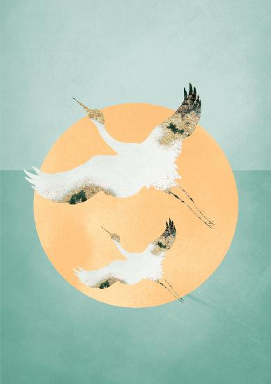 Mint Green Sun &amp; Cranes