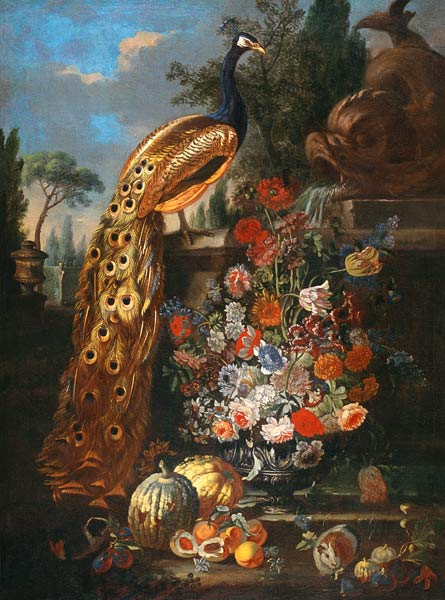 Stillleben mit Blüten, Früchten, Meerschweinchen und Pfau. von Bartolomeo Ligozzi