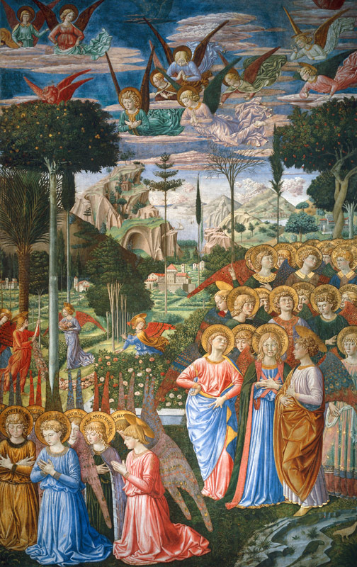 Angels in a heavenly landscape, the right hand wall of the apse, from the Journey of the Magi cycle von Benozzo Gozzoli