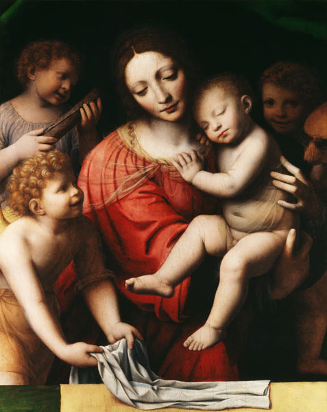 The sleeping Jesus, or Madonna holding the sleeping Child, accompanied by three angels von Bernardino Luini