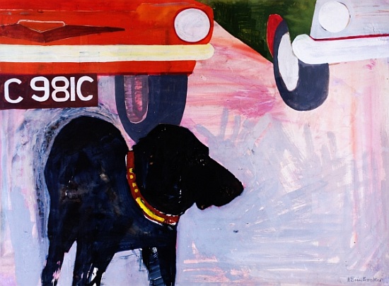 Dog at the Used Car Lot, Rex with orange car von Brenda Brin  Booker