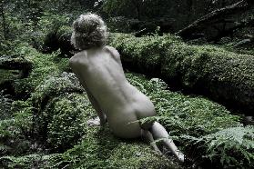 Weiblicher Rücken-Akt im Wald