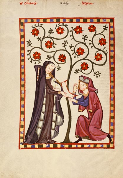 Der von Obernburg ueberreicht knieend seiner Dame ein Lied von Buchmalerei
