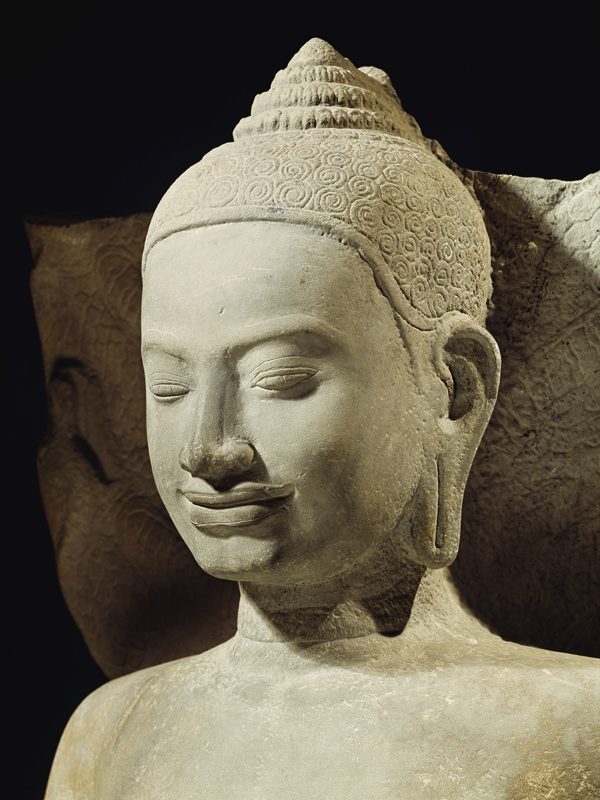Buddha in Meditation on the Naga King, Mucilinda, detail of Buddha's head, from Preah Khan, Bayon st von Cambodian