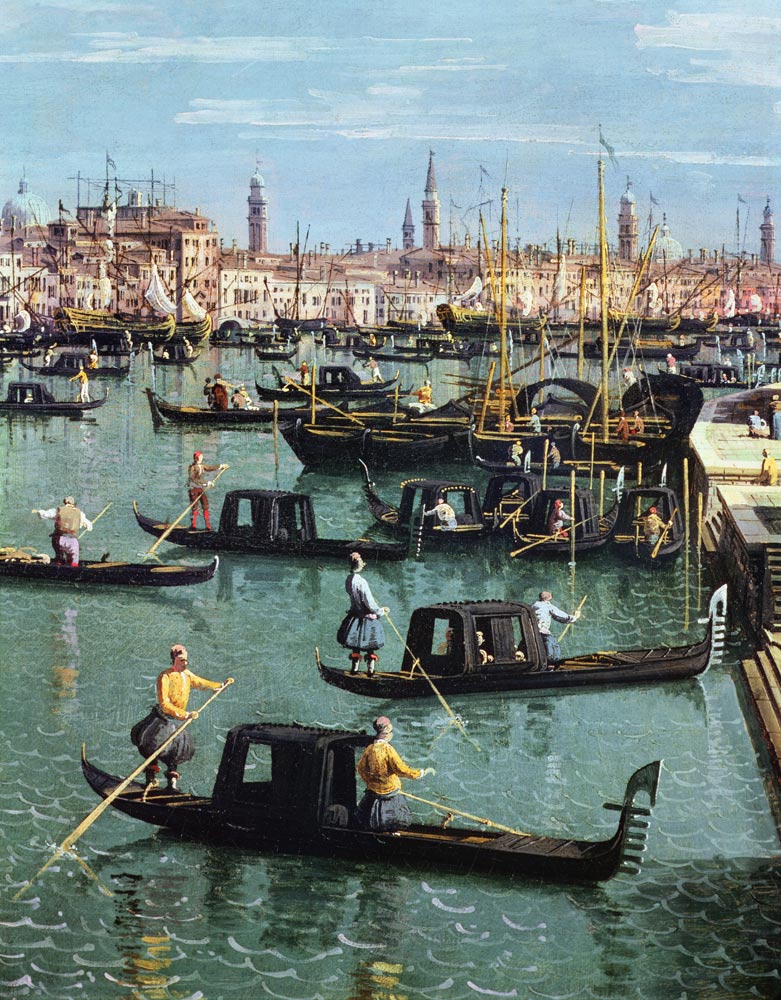 Gondoliers near the Entrance to the Grand Canal and the church of Santa Maria della Salute, Venice von Giovanni Antonio Canal (Canaletto)