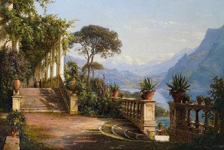 Loggia mit Blick über den Comer See 1880