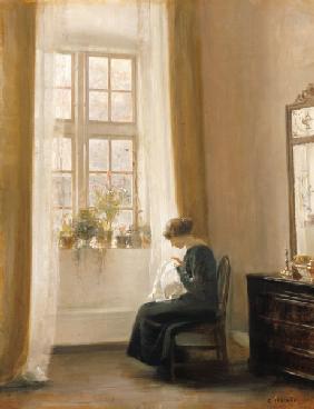 A Girl Sewing in an Interior