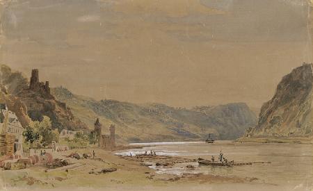 Ansicht von Sankt Goarshausen mit der Burg Maus, im Hintergrund der Loreleyfelsen