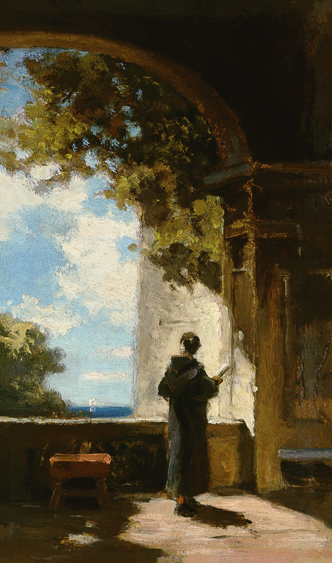 Brevierlesender Mönch im Kreuzgang von Carl Spitzweg