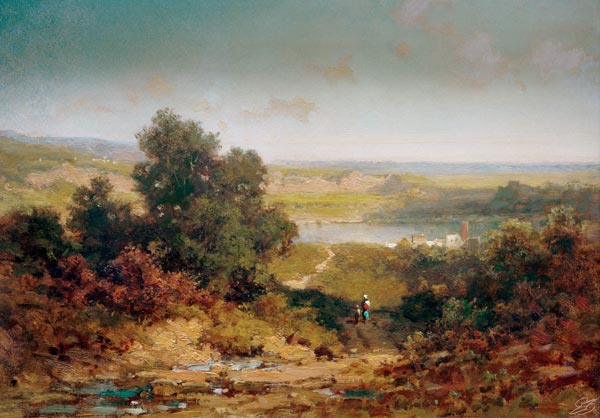 Landschaft mit Dorf und Fluss   von Carl Spitzweg
