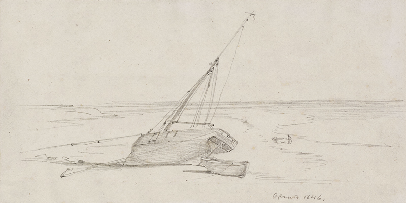 Segelboot und Beiboot am Strand bei Ostende von Carl Theodor Reiffenstein