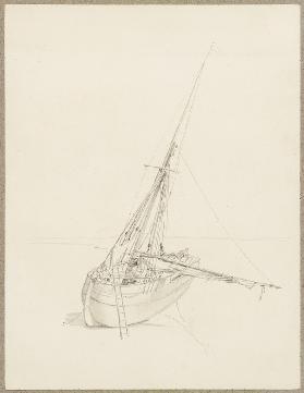 Am Strand bei Ostende liegendes Segelschiff