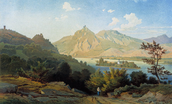 Drachenfels" (Rheinlandschaft mit den Burgen Rolandseck, Drachenfels und der Abtei Nonnenwerth).-Far von Carl Philipp Christian Köhler