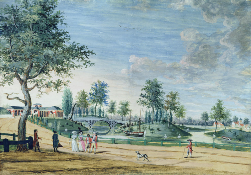 Railway Bridge, Parc du Raincy (The Duke and Duchess of Chartres on their way to the Orangerie) von Carmontelle