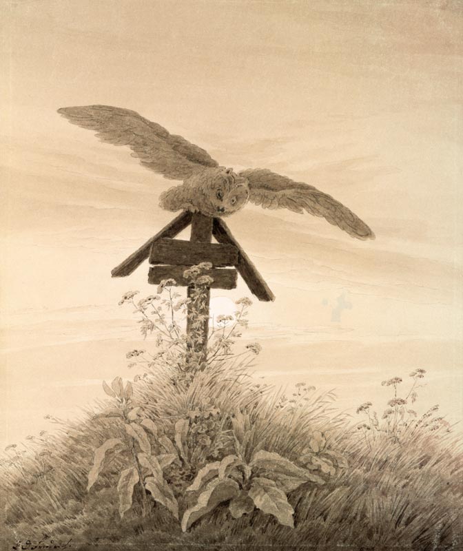Eule auf Grabkreuz von Caspar David Friedrich