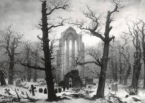 Klosterfriedhof im Schnee (1945 verbrannt) Historisches Foto (1902) mit fotografischer Unschärfe.