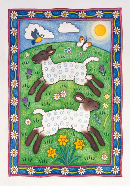 Bouncy Lambs, 1997 (w/c and pastel on paper)  von Cathy  Baxter
