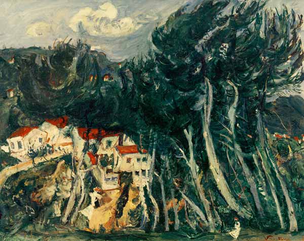 Dorf links, Bäume rechts von Chaim Soutine