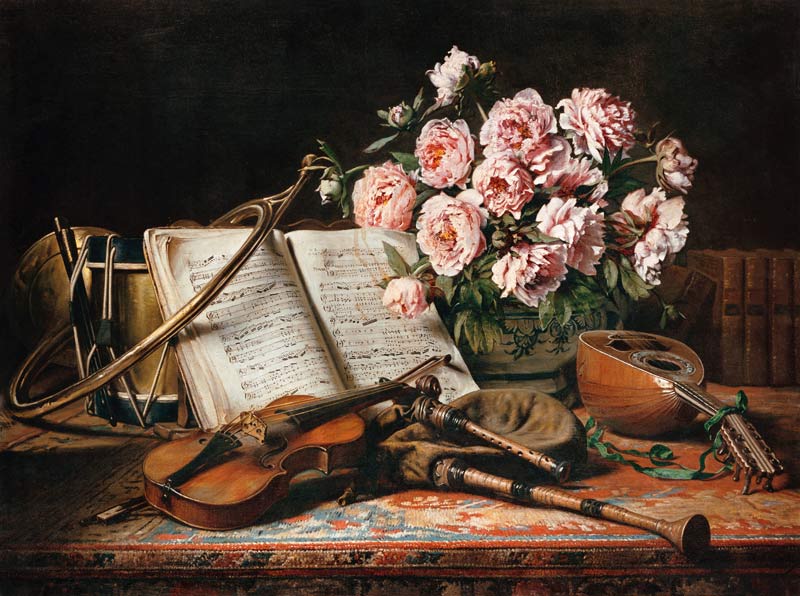 Musikstilleben mit Pfingstrosen von Charles Antoine J. Loyeux