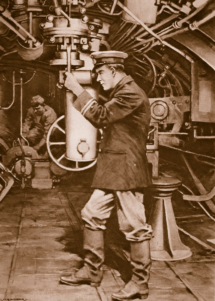 British submarine officer examining the periscope in the hope of finding an enemy target, 1914-19 von Charles Murray Padday