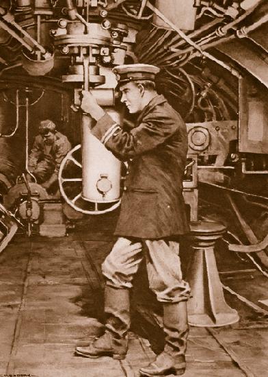 British submarine officer examining the periscope in the hope of finding an enemy target, 1914-19