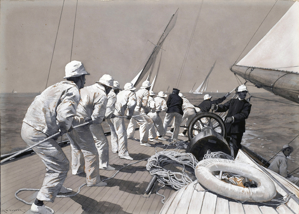Hoisting the main sail aboard the Brynhild, a racing boat, winner of the Kings Cup von Charles Murray Padday