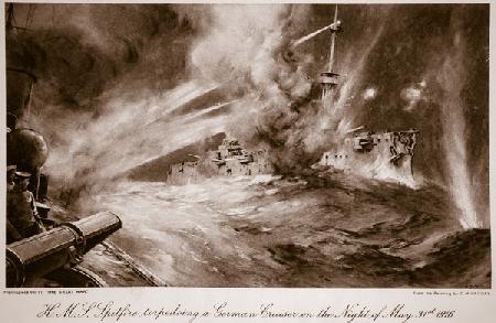 H.M.S Spitfire torpedoing a German Cruiser on the Night of May 31st, 1916, 1914-19