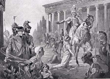 Alexander at the Sack of Thebes in 335 BC, illustration from Hutchinsons History of the Nations
