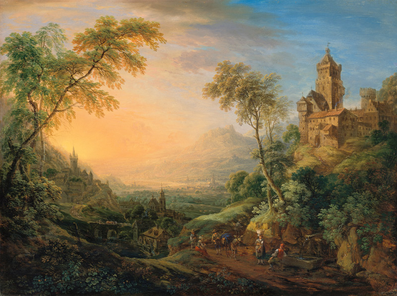 Ideale Rheinlandschaft bei Sonnenaufgang von Christian Georg Schütz d.Ä.