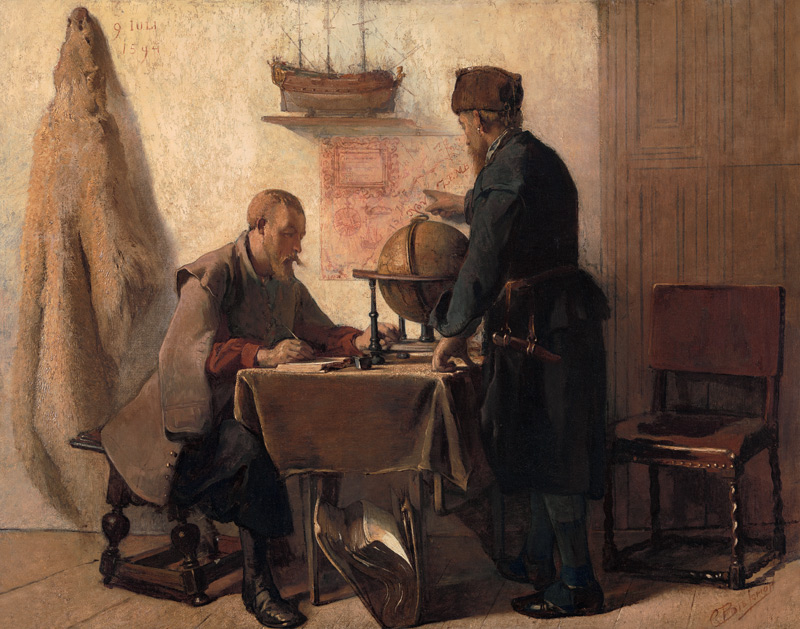 Jacob van Heemskerk und Willem Barendsz. planen ihre Reise in die Arktis 1594 von Christoffel Bisschop