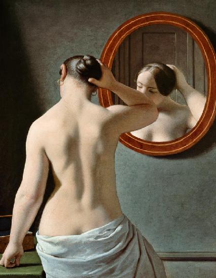 Rückenakt (Morgentoilette) / Junge Frau vor einem Spiegel