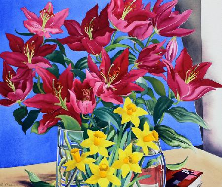 Magenta Lilies and Daffodils