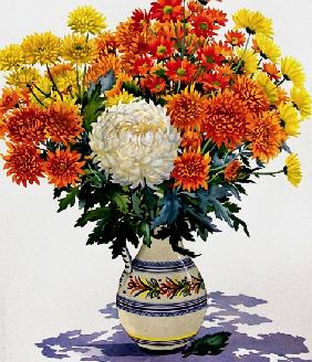 Chrysanthemums in a patterned jug