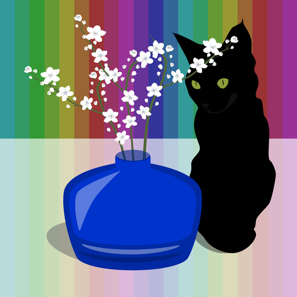 Blue Glass Vase with blossom and black cat von Claire Huntley