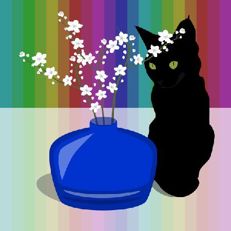 Blue Glass Vase with blossom and black cat