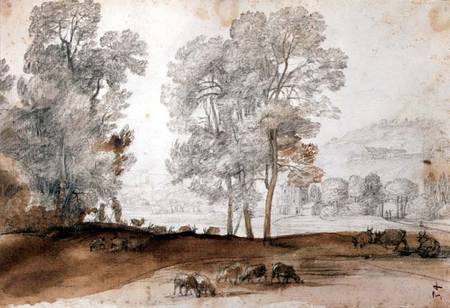 Pastoral Landscape (black chalk & wash on paper) von Claude Lorrain