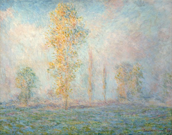 Wiesenlandschaft mit Bäumen bei Giverny im Morgenlicht. von Claude Monet