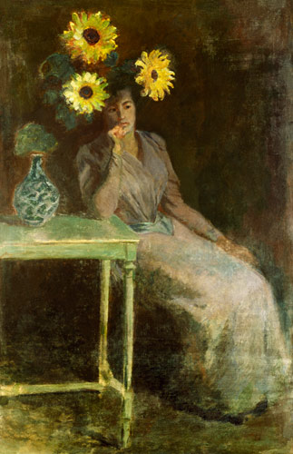 Sitzende Frau neben einer Vase mit Sonnenblumen von Claude Monet