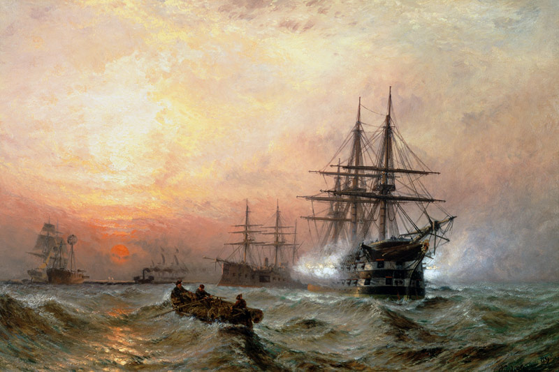 Man-o'-War firing a salute at sunset von Claude T. Stanfield Moore