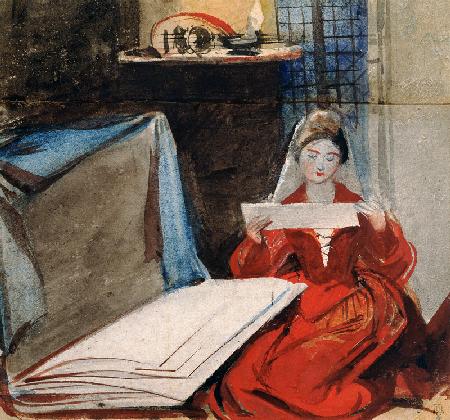 A Lady in a Medieval Costume studying the Contents of a Portfolio