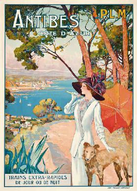 Poster advertising travel to the Antibes, Cote d'Azur, with the French railway company P.L.M